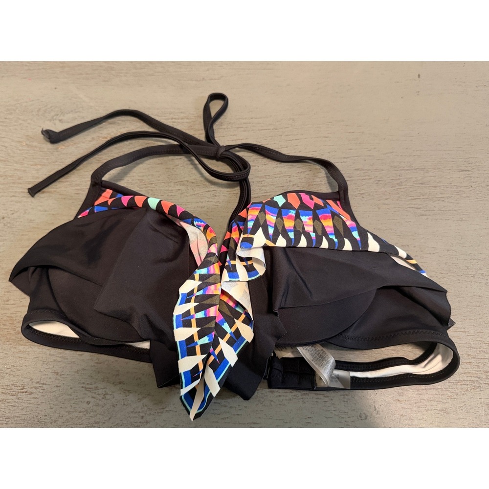 Victorias Secret PINK Ruffle Halter Bikini Top Black Geometric Print Size Medium